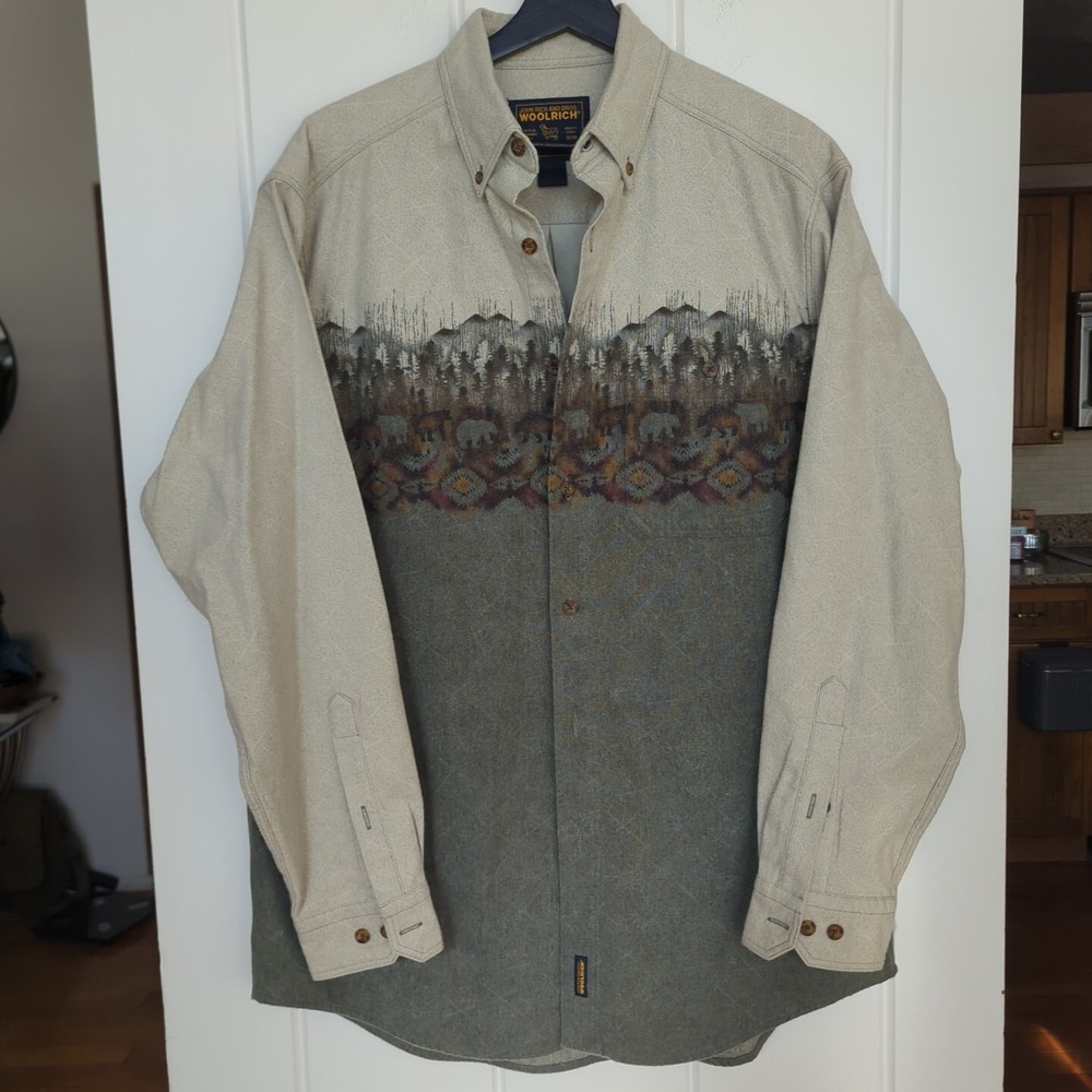 Vintage Woolrich Shirt Men Large Bear Nature Geometric Aztec Wrap Around Flannel